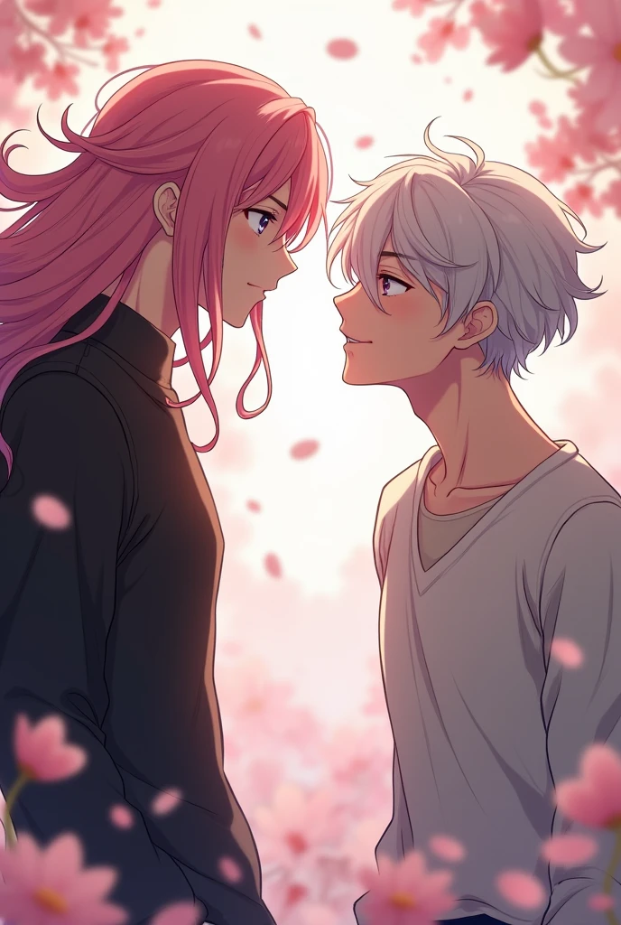 create a young man with long pink hair who meets another young man with tied up white hair and long anime fanart art well done then they have to break up so they get sad