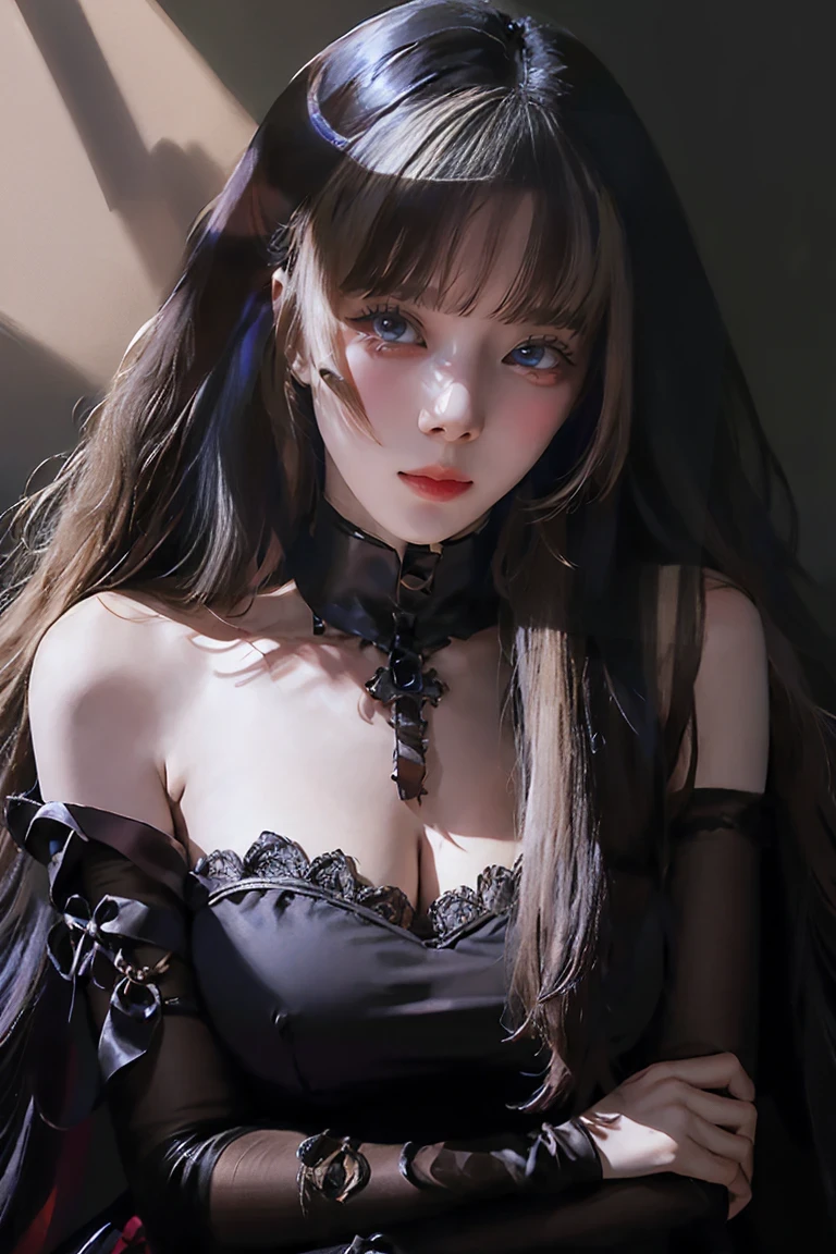 A woman in her fifties wearing red and black clothes sitting on the curb, cruel korean Goth Girl, Goth Girl aesthetic, Goth aesthetic, Goth Unk Clothing, 1 7 - year - old anime Goth Girl, Gothic horror atmosphere, 1 7 - year - old Goth Girl, Gloomy style, darkwave Goth aesthetic, Goth Girl, Gothic Clothing, e - girl, Large Breasts