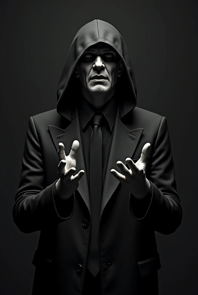 avatar. facing the front, Terror, Suit, chic, mascara, hooded cloak, storyteller, grizzled, [ charachter, homem de Suit, front-facing, Hands raised], ( home negro), stark.