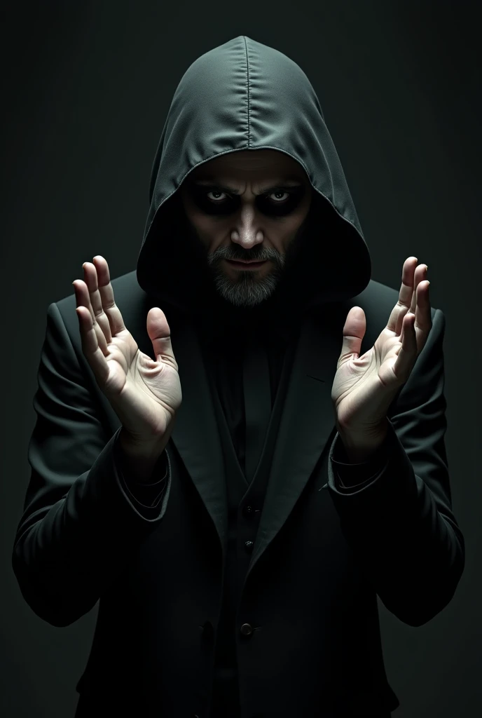 avatar. facing the front, Terror, Suit, chic, mascara, hooded cloak, storyteller, grizzled, [ charachter, homem de Suit, front-facing, Hands raised], ( home negro), stark.