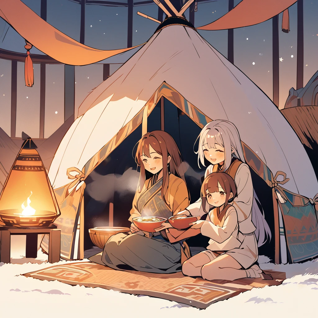 A warm-toned, pastel-style illustration depicting a cozy scene inside a traditional Mongolian yurt. Two young Family with sun-kissed faces are sitting around a steaming bowl of soup. They are wearing loose-fitting, traditional Mongolian attire that reveals their midriffs. The sisters have gentle smiles on their faces, radiating warmth and comfort within the nomadic tent, or 'ger.' The overall atmosphere is one of familial bond and cultural richness.A fur rug on the ground