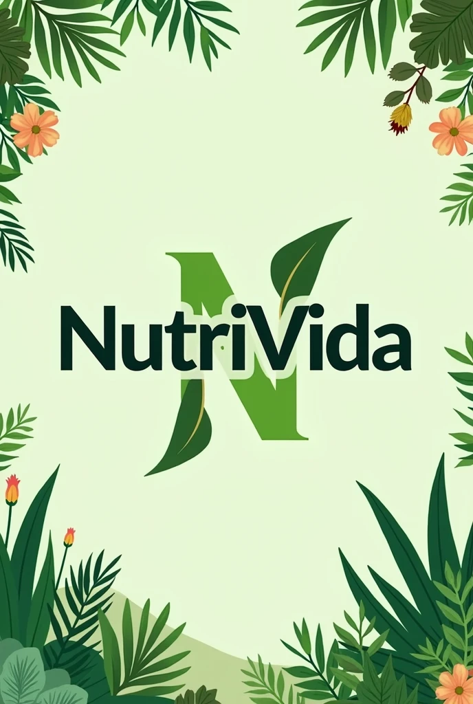 A logo for a You Tube channel called NutriVida, using green and wHite colors in a simple way witH wild flora native to Mexico,HigHligHting tHe letters N,V