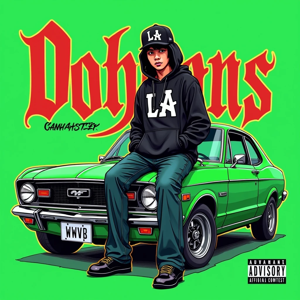 Image of a man sitting on the bonnet of a car, Yoshihiko Wada's album cover, winner of the behance contest, Doodle, official artwork, rap album cover, hip - hop album art cover, colored album art, hip hop music album cover, rap album cover art, official fanart, GTA Cover, hip hop album cover, album art cover, G-FUNK Hip Hop album cover, green background, green car, with the words If WONA behemes a gangster on the back of the picture, an Asian ager wearing a black LA hoodie, a black LA ball cap with a deep press and a wide pair of jeans down, a troublemaker boy sits on the bonnet of a car and lets the car out to the side