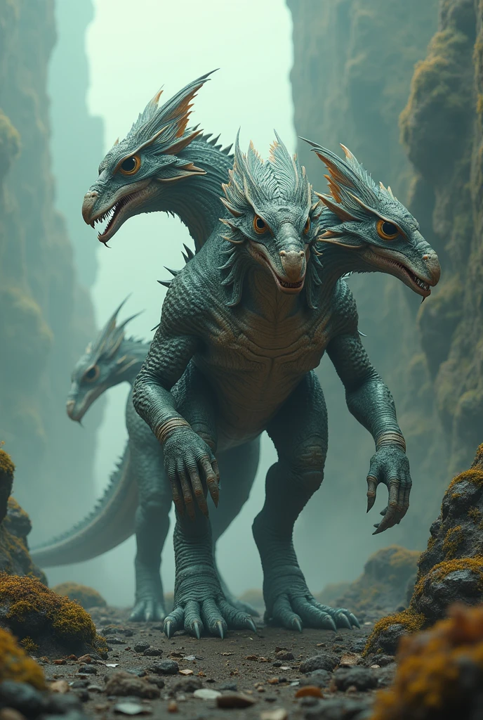 Create a three-headed creature with different body parts
