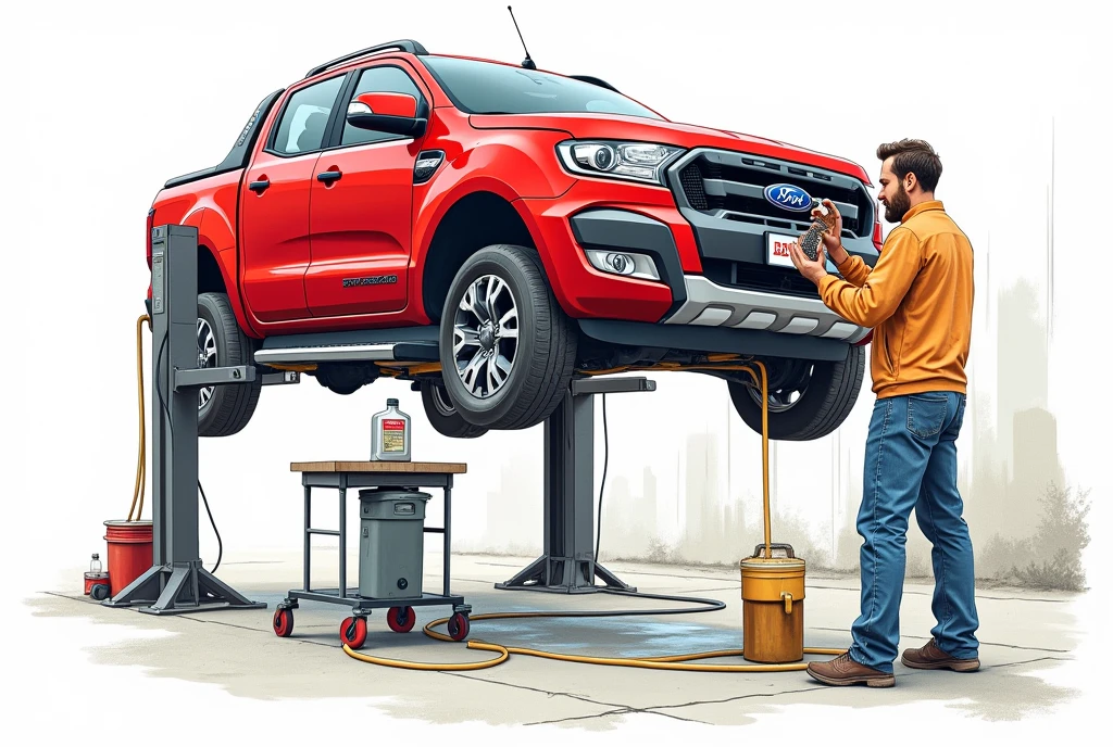 Drawing of a red vehicle lifted by a lift and the engine part can be seen, Under the vehicle there is an oil container receiving the oil that is draining from the crankcase of that same vehicle and to one side a mechanic holding an oil filter in his hands and finally a small table with a gallon of oil on top of it.