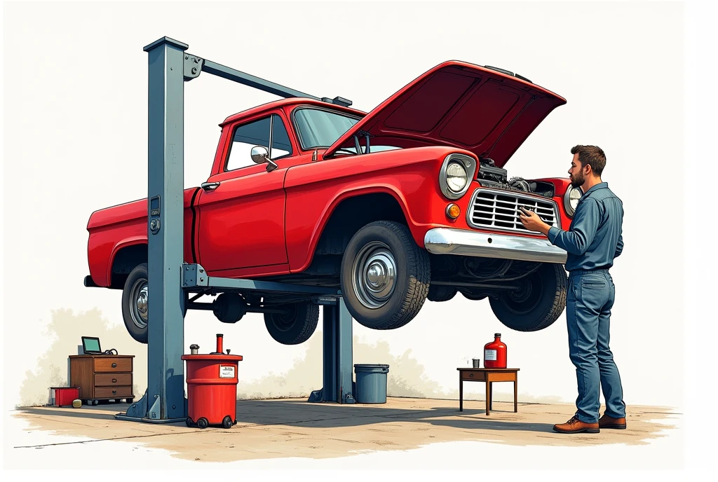 Drawing of a red vehicle lifted by a lift and the engine part can be seen, Under the vehicle there is an oil container receiving the oil that is draining from the crankcase of that same vehicle and to one side a mechanic holding an oil filter in his hands and finally a small table with a gallon of oil on top of it.