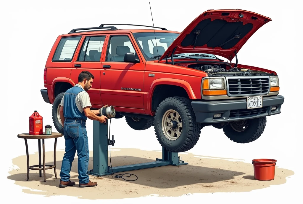 Drawing of a red vehicle lifted by a lift and the engine part can be seen, Under the vehicle there is an oil container receiving the oil that is draining from the crankcase of that same vehicle and to one side a mechanic holding an oil filter in his hands and finally a small table with a gallon of oil on top of it.