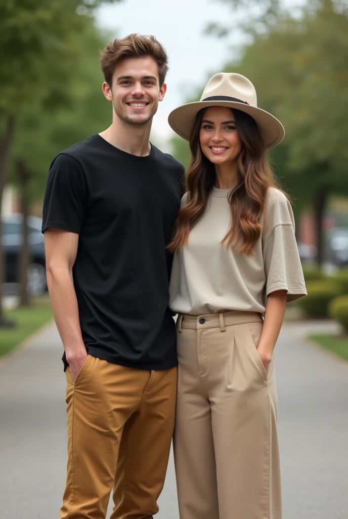 20 years old handsome guy wore black shirt tan chinos  with his beautiful girlfriend wore Plain Co-ord Set and a cute hat real human photo 