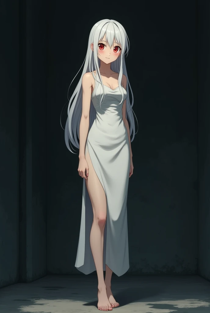 The image is in the style of a Ghibli studio anime., although somewhat gloomy and adult, It features a 20-year-old albino adult woman.. She is standing in front of a black wall, She has long hair and red eyes. He appears happy with a smile. She has a white dress that reaches her knees.. strong thighs.