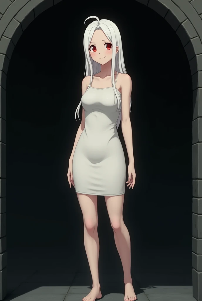 The image is in the style of a Ghibli studio anime., although somewhat gloomy and adult, It features a 20-year-old albino adult woman.. She is standing in front of a black wall, She has long hair and red eyes. He appears happy with a smile. She has a white dress that reaches her knees.. strong thighs.