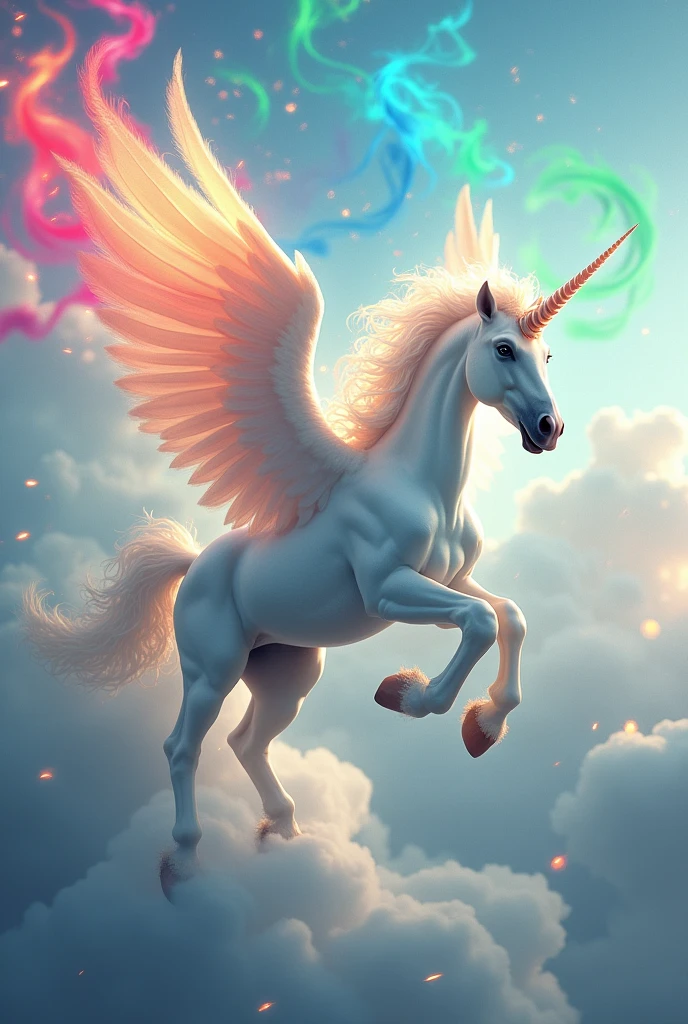 A winged unicorn, While flying, the colors of the rainbow come out of its wings in the form of smoke.