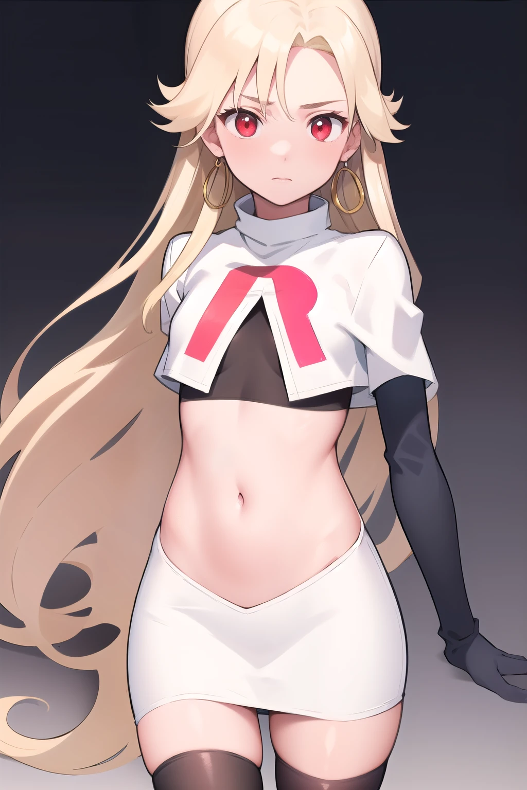 best quality, (masterpiece:1.2), illustration, absurdres,
(1girl, solo), (beautiful detailed girl), (cowboy shot),,
Roselia Millstein, blond hair, very long hair, red eyes, flat chest,
earrings, team rocket,team rocket uniform,white skirt,red letter R,crop top,black thigh-highs,black elbow gloves,