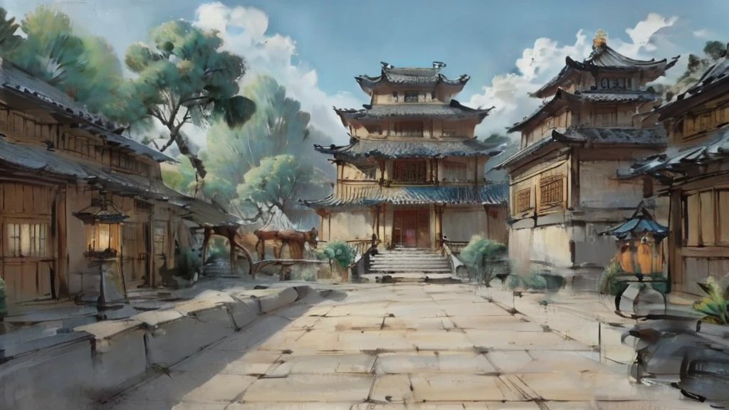 中国Ink画,  masterpiece , best quality, Ink画，Guo Chao，Ink，（Xianxia scene，Fantasy fairyland scene，Pavilions，architecture具有东南亚特色，cloud雾缭绕：1.5），outdoor，Sky，daytime，cloud，Tree，Blue sky，nobody，window，plant，architecture，landscape，lantern，stairs，Potted plants，architecture，东亚architecture，landscape