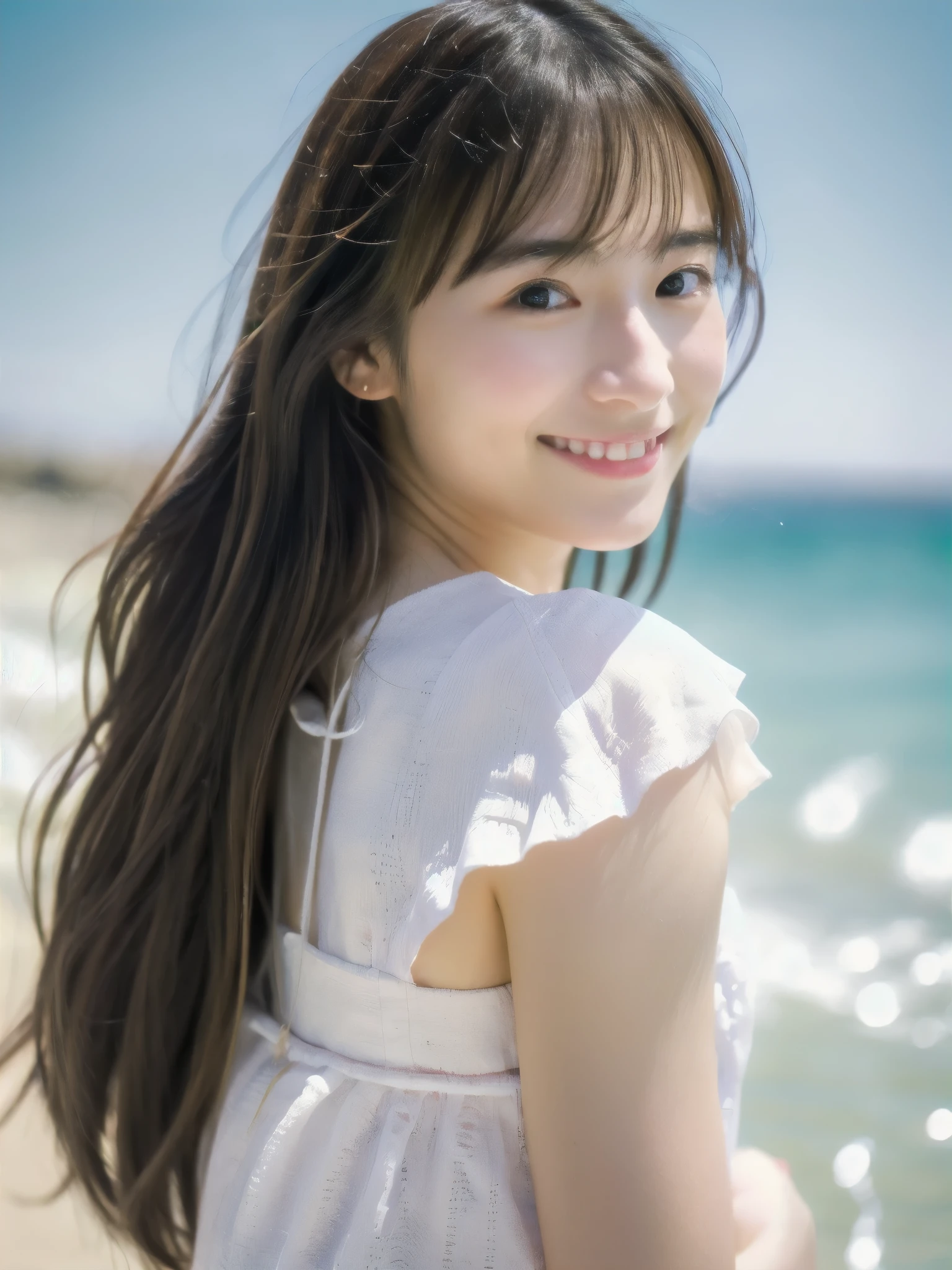 Japanese, one person, 20-year-old, cute, smile, bright, The background is the seaside, Sunlight, one piece, highest quality, shape, Very detailed, finely, High resolution, 8k wallpaper, Perfect dynamic composition, Beautiful and exquisite,one person,Small face, True Face