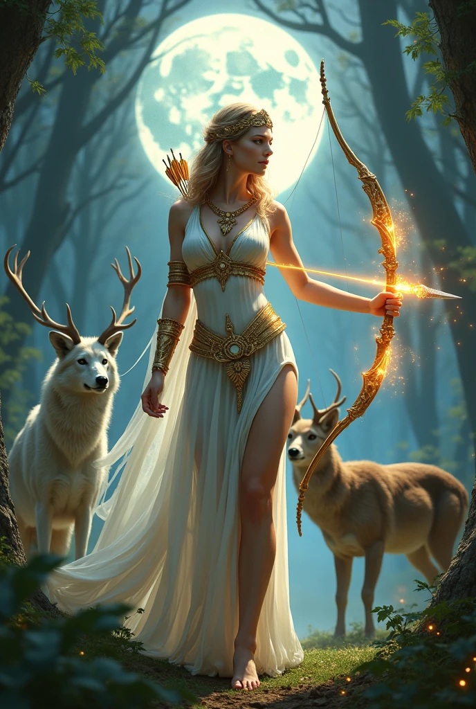 greek goddess artemis, with a bow and arrow, holding glowing arrow on one hand, holding her mystical glowing bow on the other hand, elegant white golden dress, cleavage, thigh, sexy, hunting, forest, full moon, moonlit, multiple guardian wolfs and many deers around her