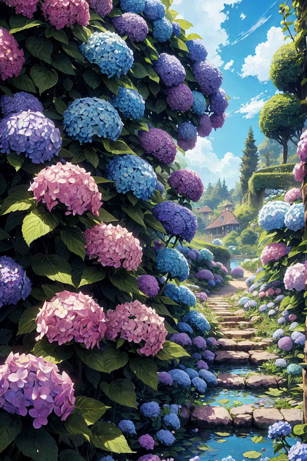 Hydrangea, garden, lake, Small hill, Pebble Road,anime, masterpiece, Highest quality, Anatomically correct, Attention to detail, 8k, wallpaper