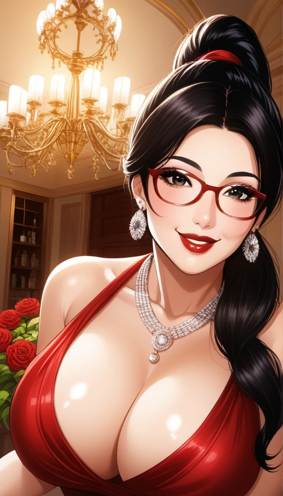 Hot sexy beautiful milf mom  , perfect body, detailed lips rings ,black  hair,black eyes, wearing white sun glasses , detailed , big chandelier earrings , alluring face, smiling, necklace , red lipstick ,hair ponytail ,red flowers brochure,red gown, smooth skin,