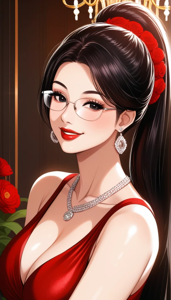 Hot sexy beautiful milf mom , perfect body, detailed lips rings ,black hair,black eyes, wearing white sun glasses , detailed , big chandelier earrings , alluring face, smiling, necklace , red lipstick ,hair ponytail ,red flowers brochure,red gown, smooth skin,