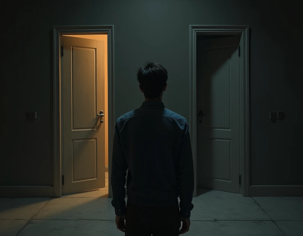 Image of a person looking at two opposite doors, with a light path and a darker one.