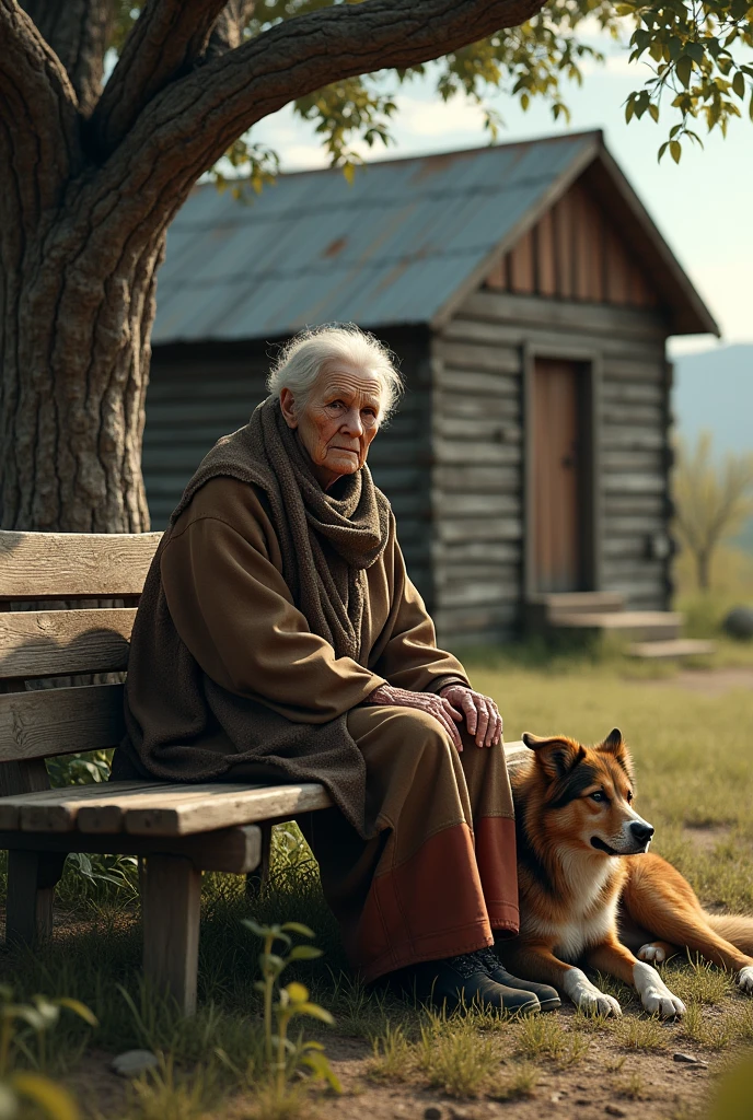 An old lady on her old house sitting on a bench under a tall tree with her dog. Ultra realtistic.  super textured and structured face, body and surrounding 