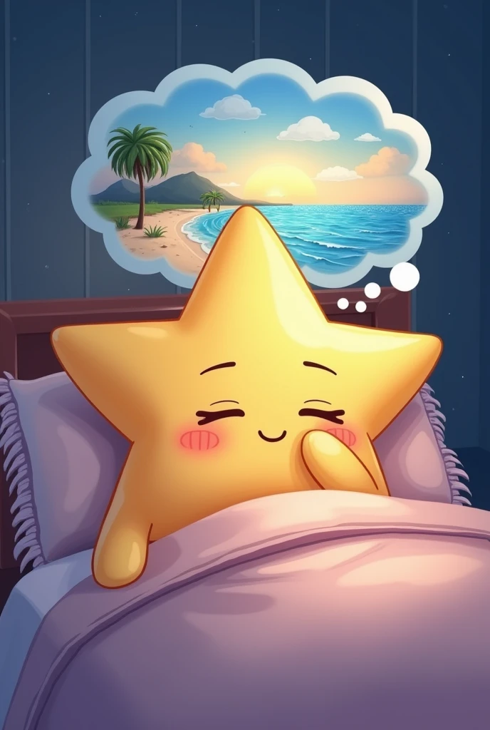 Create a cute star lying in bed sleeping with a little hand on your face , do with an angle from above, with a dream balloon that has a beach landscape inside