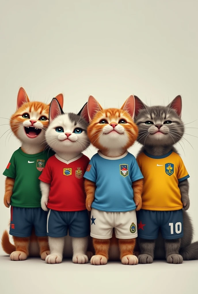 An image of a cat wearing a Mexico shirt, another with the Chilean shirt and one with the Brazilian one, The 3 cats crying and one happy in front with the Argentina t-shirt