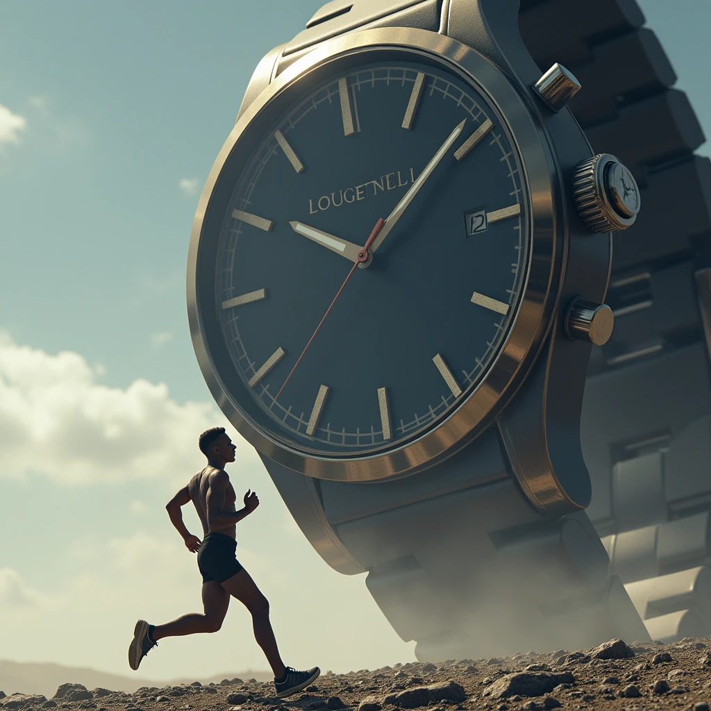 One men running, wearing shorts pant, big watch in background, one side a big watch and one side running a man