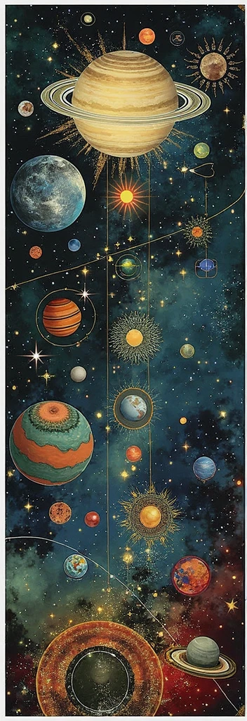 This vertical, detailed illustration showcases the solar system with a variety of celestial bodies against a dark, star-filled background. The planets are depicted in vibrant colors and intricate details, highlighting their unique features, such as the rings of Saturn and the Great Red Spot on Jupiter. Smaller objects like asteroids and comets are also included, along with artistic representations of orbits and cosmic phenomena. The overall style is whimsical yet scientifically inspired, creating an engaging visual journey through space.