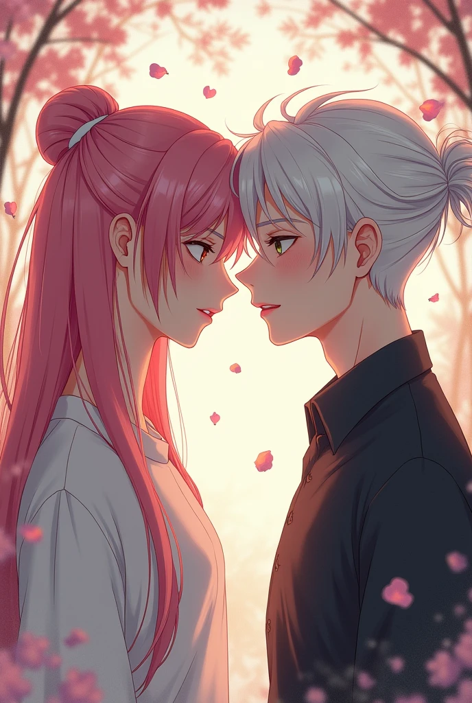 create a young man with long pink hair who meets another young man with tied up white hair and long anime fanart art well done they have to separate then they get sad sad expression 