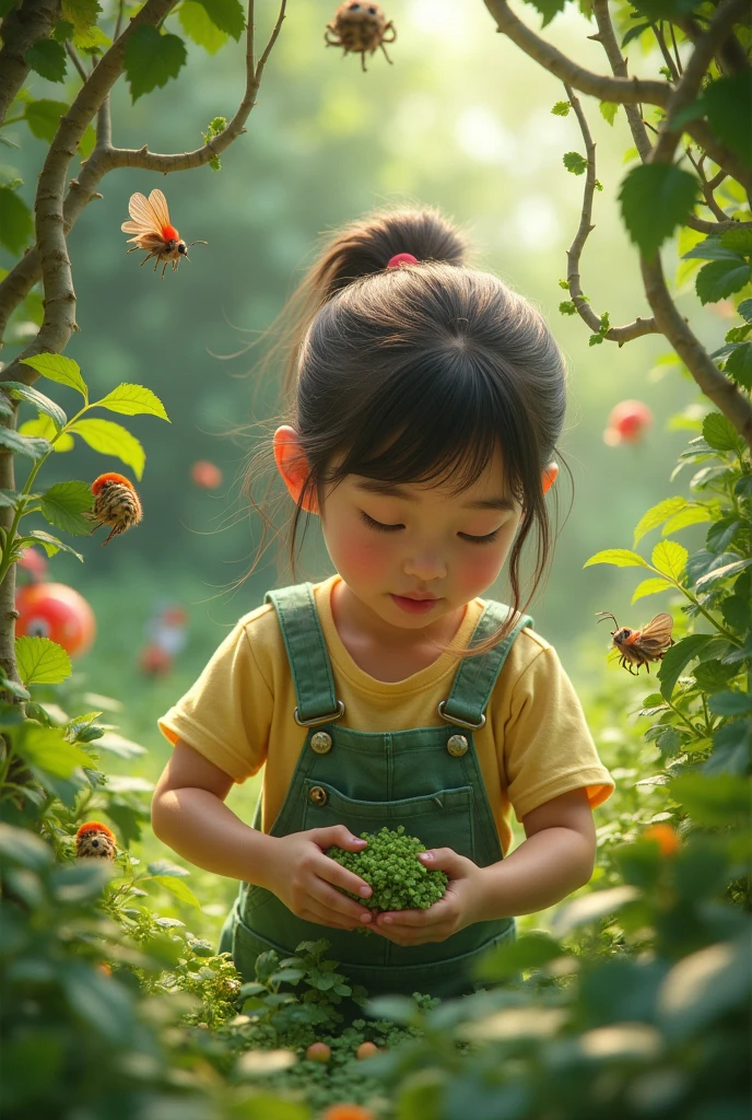 A girl using nettle insecticide with animated environmental decoration around