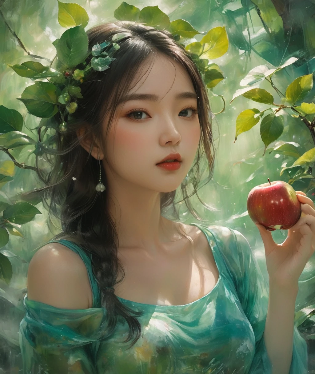 In this painting，We can see an apple，It has a special transparent appearance，Inside the Apple is a beautiful Korean girl, Gold and Blue Art, Reflect sunlight all over your body, Living in the green debris, 3D movie quality, Super Practical HD ultra movie 16k clarity, Practical. In this painting，Apple stems with green leaves still attached, Make it look fresh and vibrant. The lighting in the picture creates shadows and colors that look beautiful and more Practical. This painting may convey a sense of freshness, Aesthetics or creativity in graphic design.