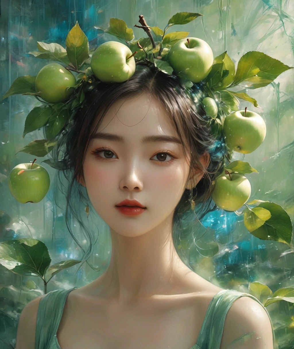 In this painting,We can see an apple,It has a special transparent appearance,Inside the Apple is a beautiful Korean girl, Gold and Blue Art, Reflect sunlight all over your body, Living in the green debris, 3D movie quality, Super Practical HD ultra movie 16k clarity, Practical. In this painting,Apple stems with green leaves still attached, Make it look fresh and vibrant. The lighting in the picture creates shadows and colors that look beautiful and more Practical. This painting may convey a sense of freshness, Aesthetics or creativity in graphic design.