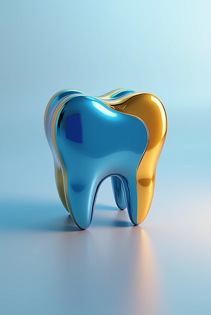 Create a logo with the silhouette of a tooth, and 3d , in shades of blue and gold