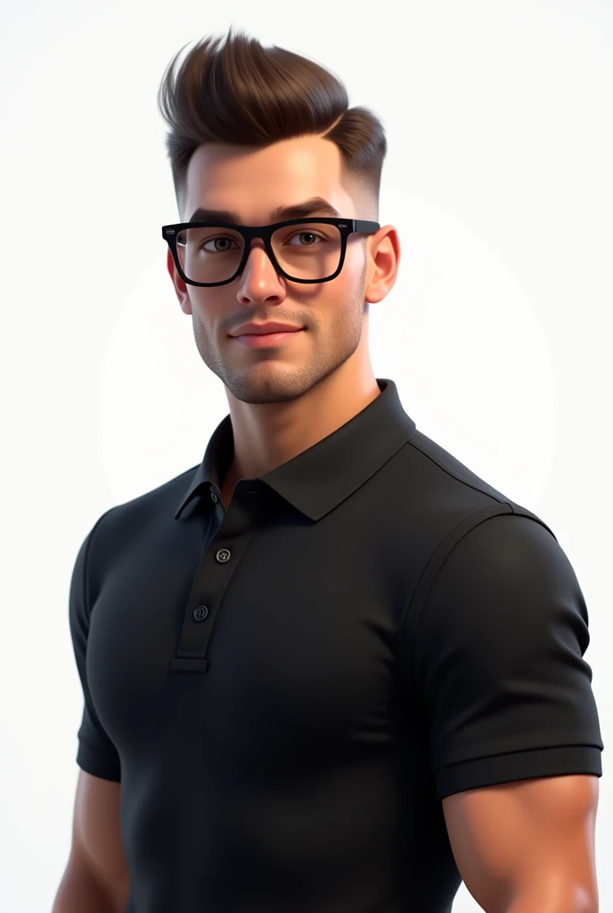 Handsome man, wearing black polo shirt, new cut hair, indoors, white background, wearing glasses
,by pixar