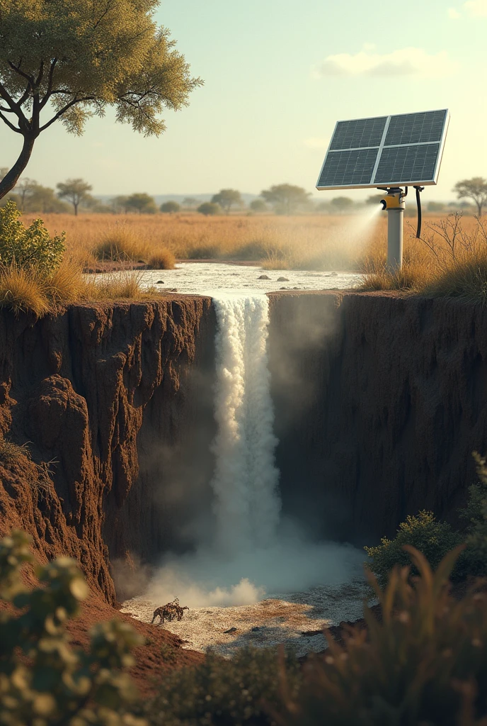 create an image that is divided into two parts, the first part, it's in the savannah, where there is a kind of sprinkler with a smoke sensor, which irrigates a powder that will be visible in the second image, where there will be a reservoir below ground level, full of this dust. all of this, being rechargeable by solar panels