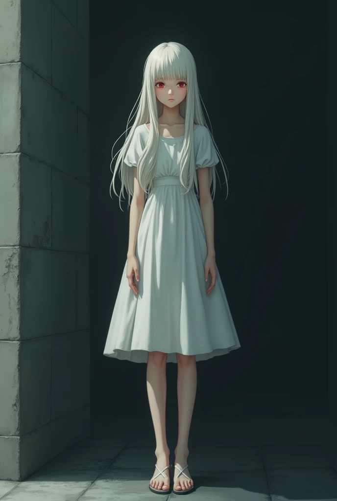 The image is in the style of a Ghibli studio anime., although somewhat gloomy and adult, It features a 20-year-old albino adult woman.. She is standing in front of a black wall, She has long hair and red eyes. Shown with a smile. She has a white dress that reaches her knees.. strong thighs.