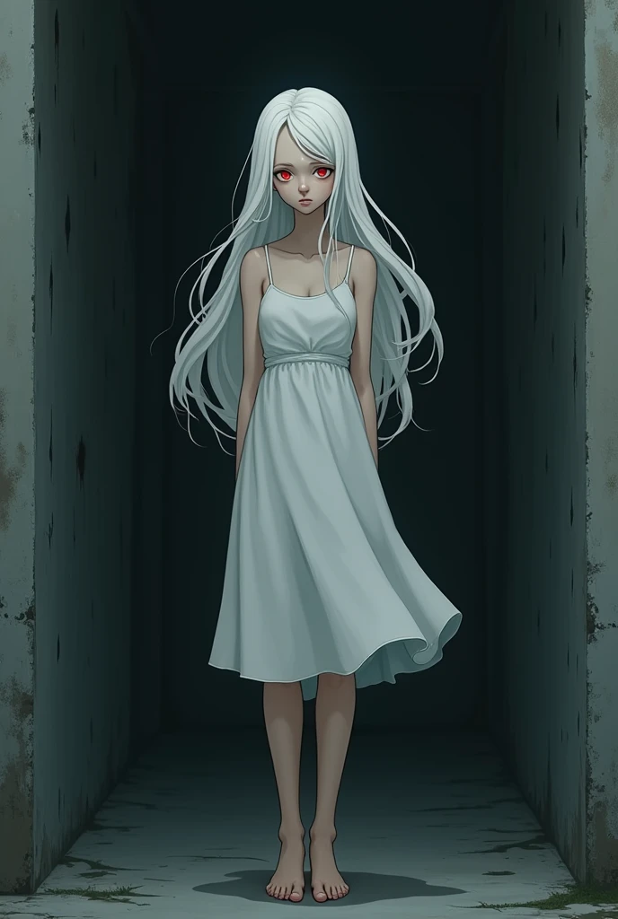 The image is in the style of a Ghibli studio anime., although somewhat gloomy and adult, It features a 20-year-old albino adult woman.. She is standing in front of a black wall, She has long hair and red eyes. Shown with a smile. She has a white dress that reaches her knees.. strong thighs.