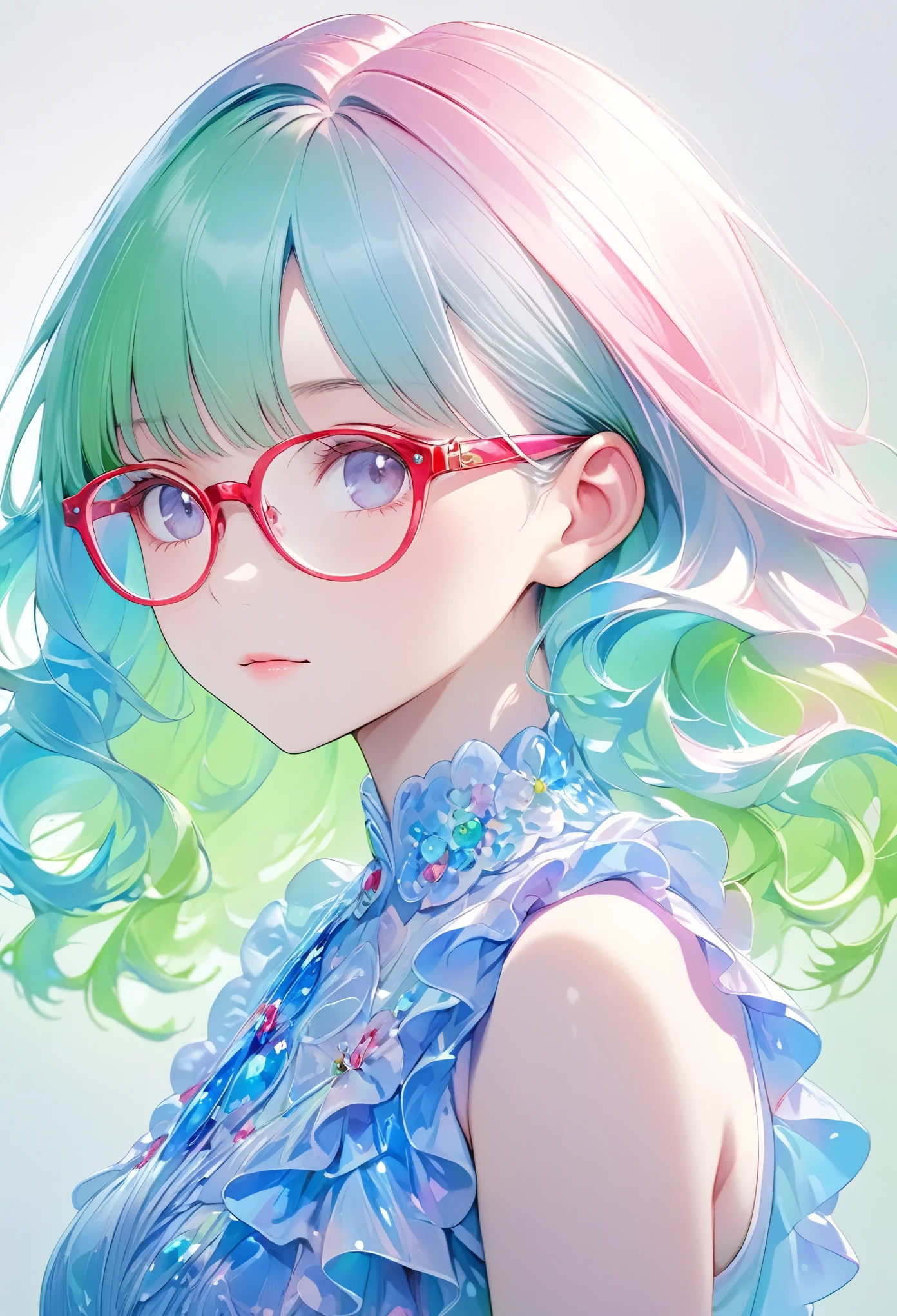 A girl with glasses.Highly detailed, Amazing work,Vitreous luster,((clean backdrop)),In pink,(((blue colors))),green color,red colour,Best quality at best,clean backdrop。