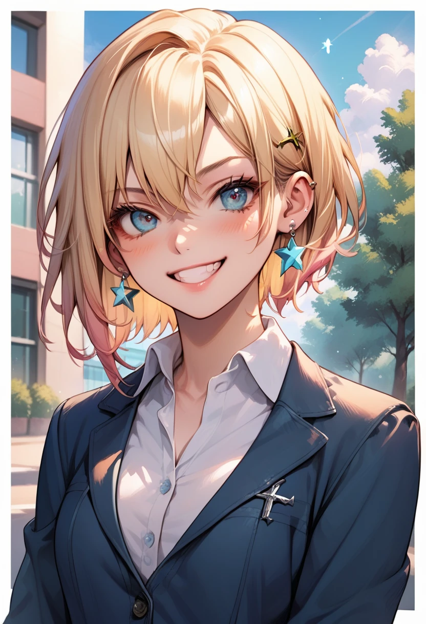 ((full_body_portrait)),sexy,schoolgirl,1girl, blonde_hair, jewelry, earrings, solo, blue_eyes, smile, looking_at_viewer, short_hair, jacket, outdoors, school_uniform, star_earrings, shirt, cross_earrings, collared_shirt, upper_body, tree, white_shirt, star_(symbol), bangs, building, grin, BREAK score_9, score_8_up, score_7_up, , source_cartoon, rating_explicit