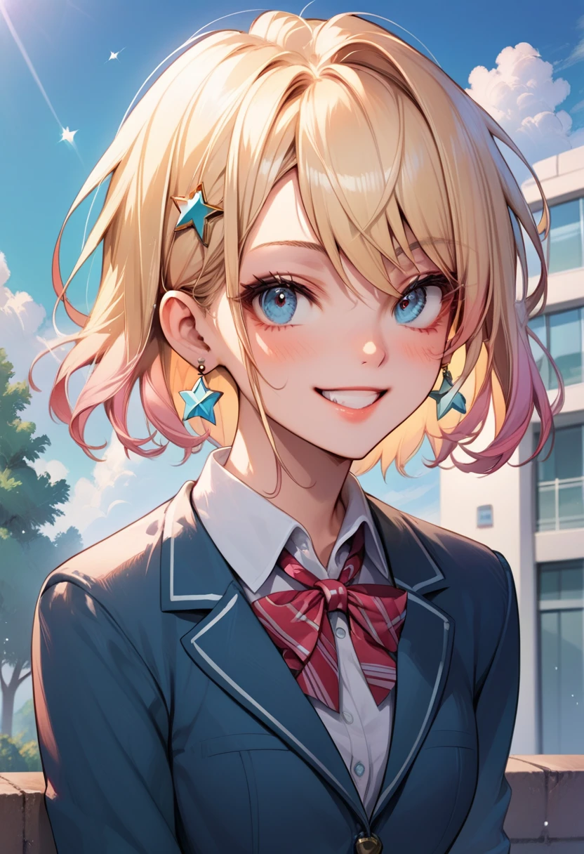 ((full_body_portrait)),sexy,schoolgirl,1girl, blonde_hair, jewelry, earrings, solo, blue_eyes, smile, looking_at_viewer, short_hair, jacket, outdoors, school_uniform, star_earrings, shirt, cross_earrings, collared_shirt, upper_body, tree, white_shirt, star_(symbol), bangs, building, grin, BREAK score_9, score_8_up, score_7_up, , source_cartoon, rating_explicit