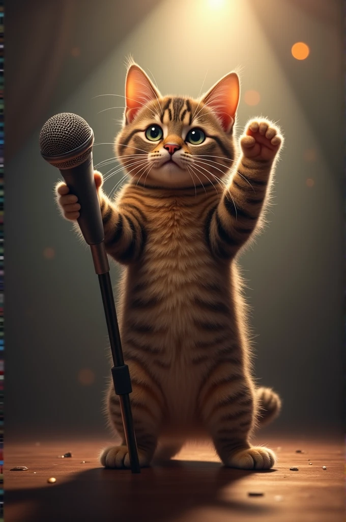 A cat is holding a microphone with one paw, standing on its hind legs as if ready to sing or make an announcement. Its other paw is slightly raised, adding to the impression that it’s in the middle of a performance. The cat's expression is serious and focused, its eyes locked onto the audience, giving the scene a comical yet captivating vibe. The background is softly lit, putting all the attention on the cat and its “stage” presence, making it look like a true feline superstar.