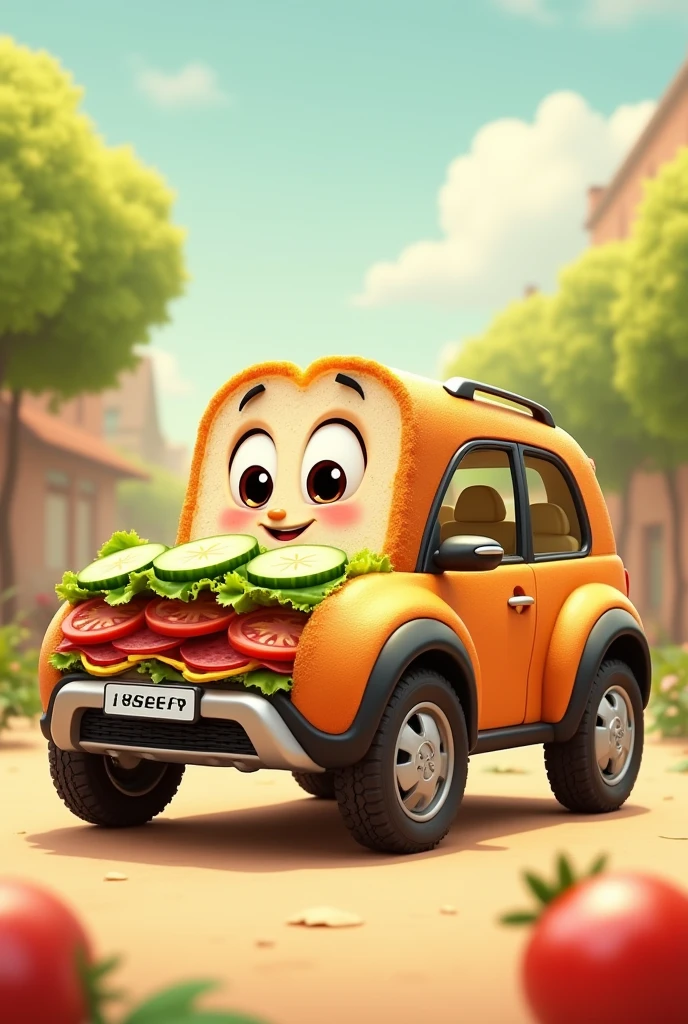 Cartoon of the Renault Duster car in the shape of a sandwich using baguette bread with lettuce filling, salami, tomato and cucumber, smiling and delicious And tasty.