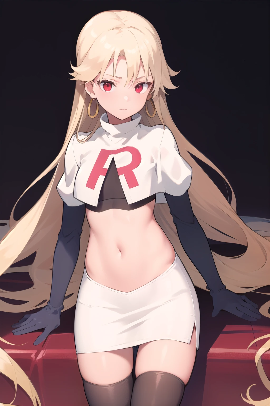 best quality, (masterpiece:1.2), illustration, absurdres,
(1girl, solo), (beautiful detailed girl), (cowboy shot),,
Roselia Millstein, blond hair, very long hair, red eyes, flat chest,
earrings, team rocket,team rocket uniform,white skirt,red letter R,crop top,black thigh-highs,black elbow gloves,