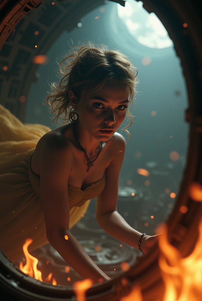 (best qualityer,ultra detali,the best illustration,best shade,Masterpiece artwork,high resolution,professional art,Famous Art)strange humanoid woman, looking curiously at the viewer, from a strange angle ,woman around ,20 year, alien woman floating in spaceship without power and on fire, alien spaceship ,