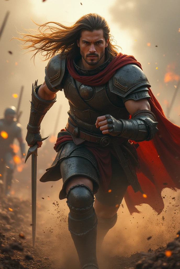 a 18 year old male long hair warrior in war