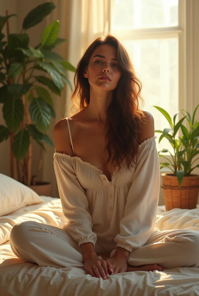(photorealism:1.2), beautiful woman, sitting on bed, wearing loose off-shoulder top, pajama pants, long curly hair, indoors, soft lighting, plants in background, window with sunlight, cozy room, relaxed pose, realistic, intricate details, warm colors, by Greg Rutkowski, by Alphonse Mucha