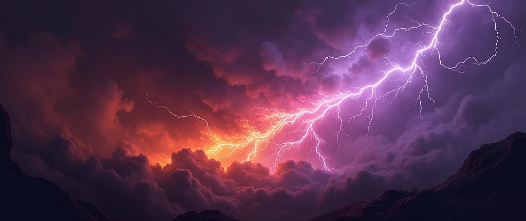 Create a banner taking into account the colors purple and black, includes fire and lightning with the colors already mentioned, Do not include people or characters in this, the resolution is 3072*3072, try to make them dark tones
