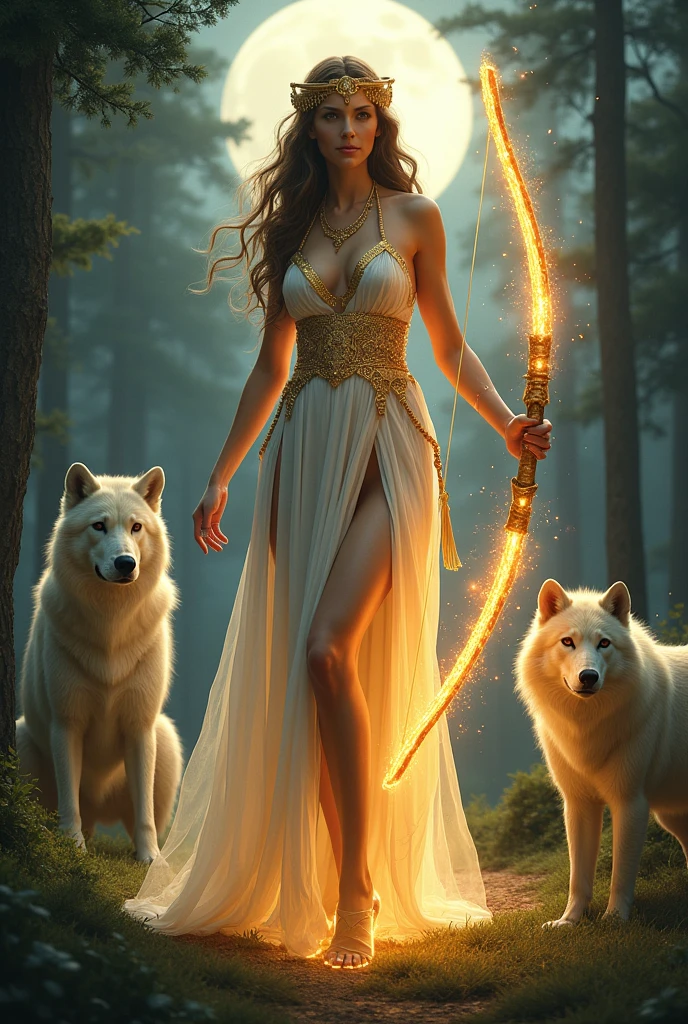 greek goddess artemis, with a bow and arrow, holding glowing arrows, holding her mystical glowing bow, elegant white golden dress, cleavage, thigh, sexy, hunting, forest, full moon, moonlit, multiple guardian wolfs and bears around her