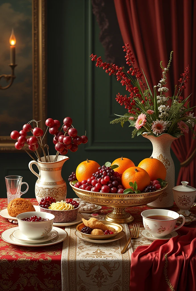 I want food and fruits placed on the table and there are cups, vases, bowls placed in 3D and with realistic distance.And there are luxurious tablecloths.