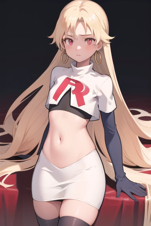 best quality, (masterpiece:1.2), illustration, absurdres,
(1girl, solo), (beautiful detailed girl), (cowboy shot),,
Roselia Millstein, blond hair, very long hair, red eyes, flat chest,
earrings, team rocket,team rocket uniform,white skirt,red letter R,crop top,black thigh-highs,black elbow gloves,